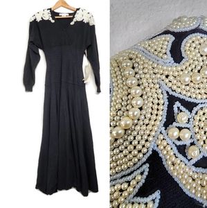 1980s Black Sweater Knit Pearl Embellished Vintage Dress By Nancy Johnson Size M